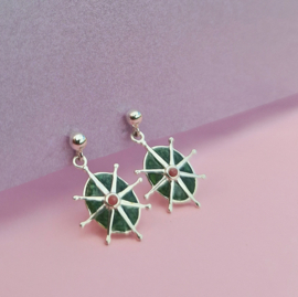 Pink Rhodonite and Green Enamel 8 Point Star Stud Silver