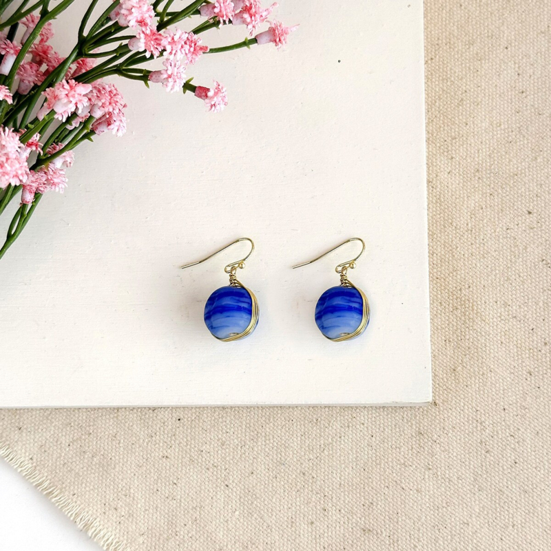Marbled Glass Drop Earrings - Blue