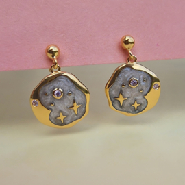 Pink Opal and Pearl Enamel Starry Night Studs Gold