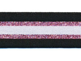 Elastiek gestreept zwart-wit met roze lurex 30 mm