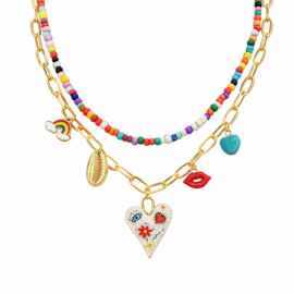 Kleurrijke kralenketting met bedels goudkleurig