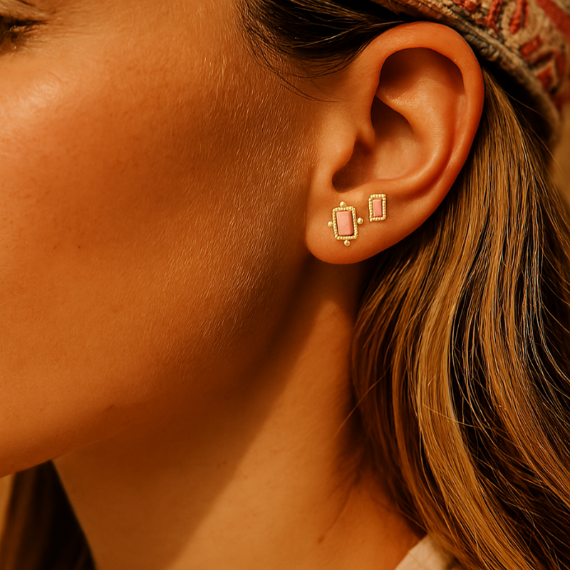 Oorbellenset studs roze steentje