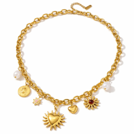 Bedelketting zon & hartjes goudkleurig