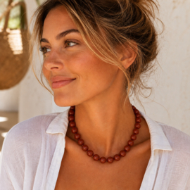 Oranje kralenketting met grote glanzende kralen