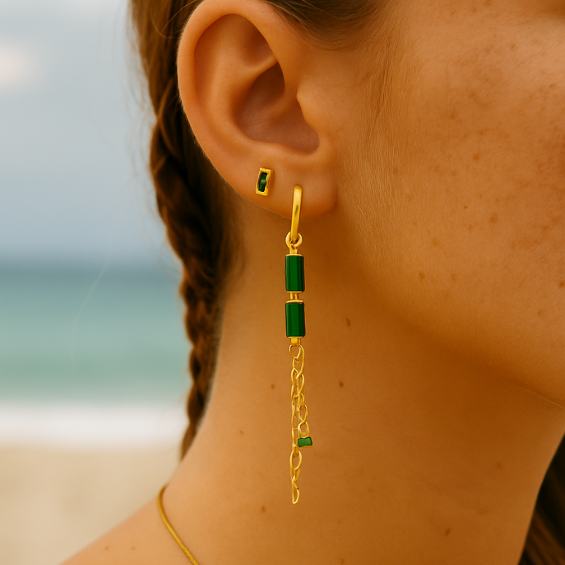 Groen & goudkleurig oorbellensetje met ketting