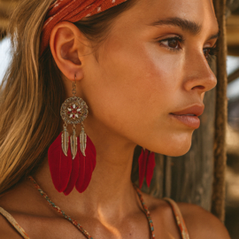Boho Oorbellen Met Rode Veren