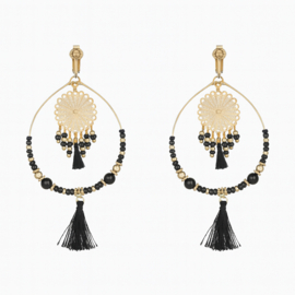 Boho clip oorbellen zwart met kwastje