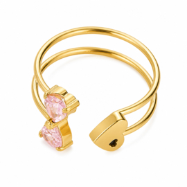 Verstelbare ring met roze steen & hartje
