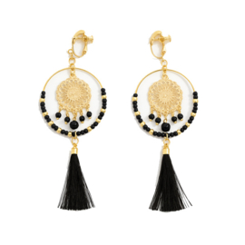 Boho clip oorbellen zwart met kwastje