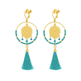 Turquoise boho clip oorbellen met kwastje