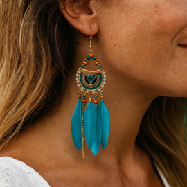 Boho Oorbellen Met Blauwe Veren