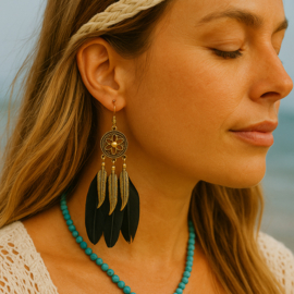 Boho Oorbellen Black Feathers