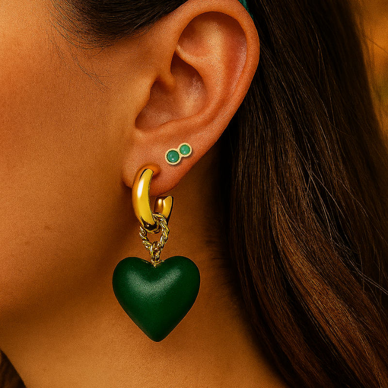 Groene hart & studs oorbellen set