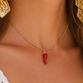 Goudkleurige ketting met rode chili hanger
