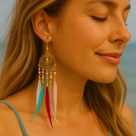 Boho Oorbellen Multicolor Veren Donker