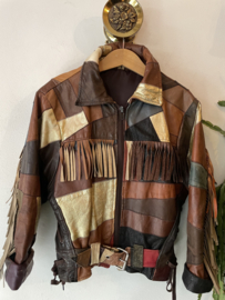 Vintage 80s KIDS leather fringe patchwork jacket