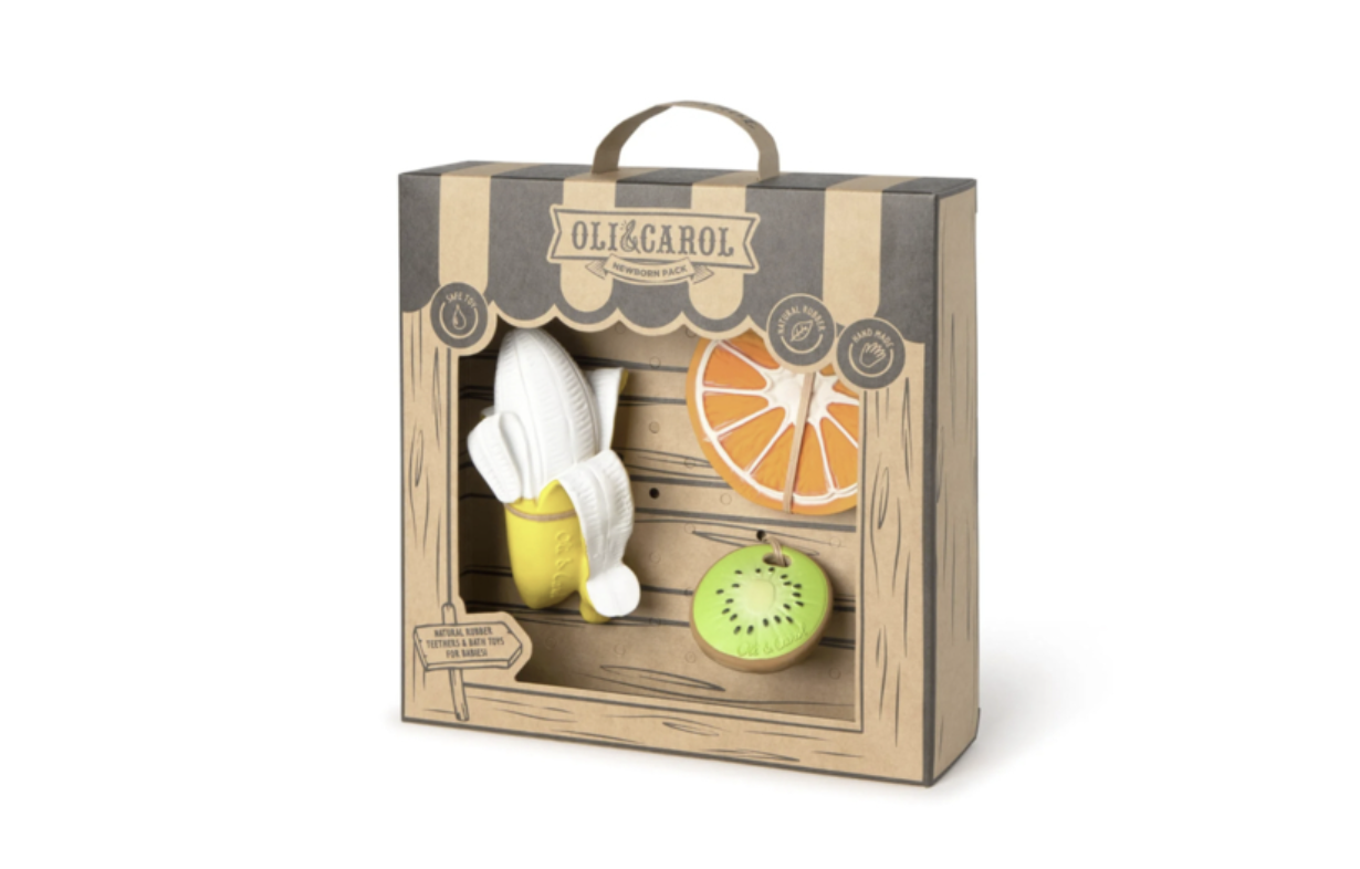 *Cadeauset 3 bijtspeeltjes banaan/ appelsien/ kiwi - Oli & Carol*