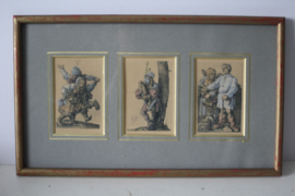 Lithografie, gesigneerd AD - drieluik met vrolijke taferelen - 19e eeuw