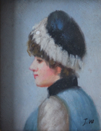 Prachtig miniatuur portret van een meisje/jonge dame ca 1920  Gesigneerd J.W.
