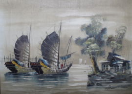 Prachtig schilderij van 2 Chinese Jonken / Boten