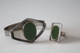 Vintage verzilverde armband en ring met Jade steen