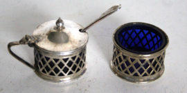Verzilverd - mosterd en zout stel met blauw glas
