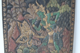 Houten handgesneden plaque met de smaragd groene / emerald boeddha (Phra Kaeo Morakot)