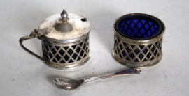 Verzilverd - mosterd en zout stel met blauw glas