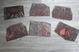 6 vintage metalen stempels, cartoonesk