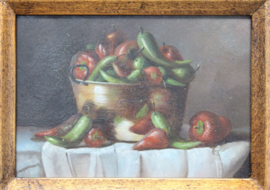 Schilderij van een ketel met pepers en paprika's in een klassieke lijst