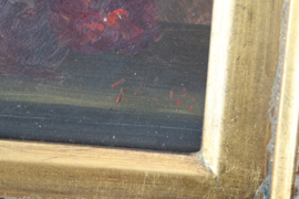 Schilderij van boeket bolchrysanten - Onduidelijk gesigneerd