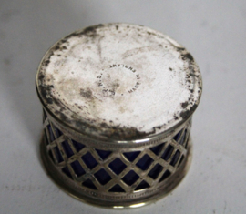 Verzilverd - mosterd en zout stel met blauw glas