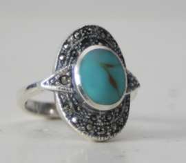 ZIlveren dames ring met markasiet en turkoois, maat 54(17mm)