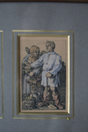 Lithografie, gesigneerd AD - drieluik met vrolijke taferelen - 19e eeuw