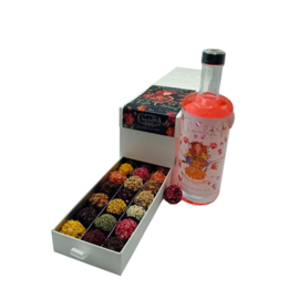 Ladebox met Chocolade Truffels en Fles Flower Power