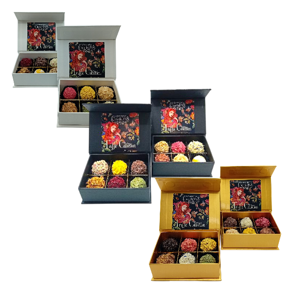 Handgemaakte Chocolade-Bonbons -Truffels twee kleine doosjes.