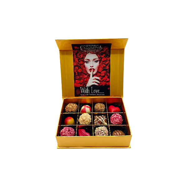 Liefdevolle luxe Chocoladebox – 12 Handgemaakte Bonbons-LOVE  MIX-klein