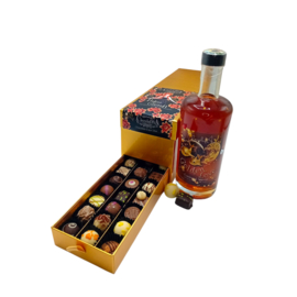 Ladebox met Chocolade Pralines en Fles Golden Love