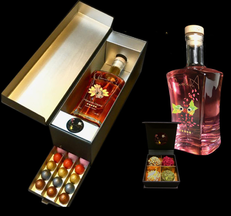 Luxe Cadeau: keuze uit onze exclusieve dranken in bijzondere lade-doos met 39 chocolade diamanten of 35 handgemaakte bonbons. Prijs vanaf: