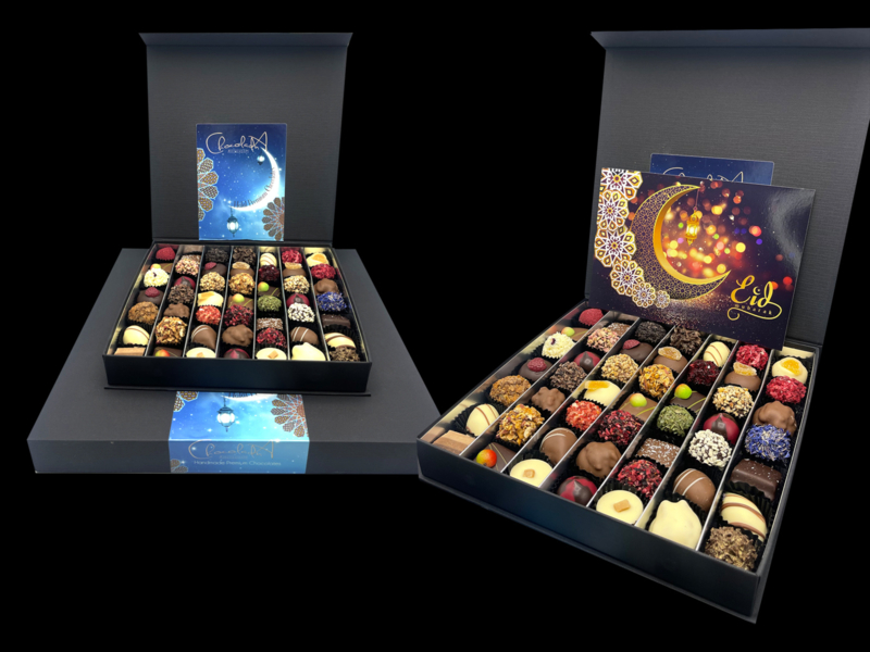 HALAL ALCOHOLVRIJ. Luxe chocolade assortiment - in vele maten verkrijgbaar met passende persoonlijke kaart