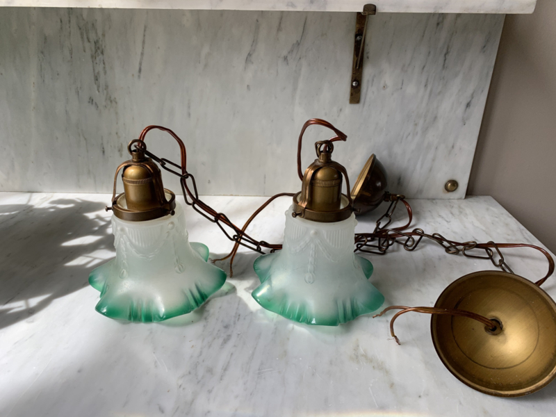 Set hanglampjes wit|groen matglas