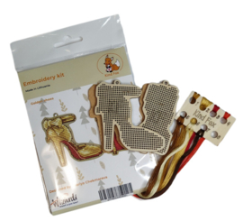 Borduurpakket op hout - Sleutel/Tassenhanger Schoenen Goud - Kind Fox