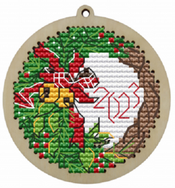 Borduurpakket op hout - Kerstboomhanger Winter Wreath - Winterkrans - Kind Fox