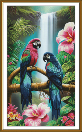 CP6266 Borduurpakket Nova Sloboda - Colorfull Parrots - Kleurrijke papagaaien -  bedrukte achtergrond
