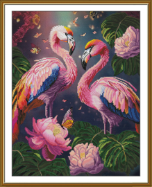 CP3419 Borduurpakket Nova Sloboda - Pink Nocturne - Rose Flamingos - bedrukte achtergrond