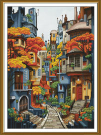 CP3416 Borduurpakket Nova Sloboda - Autumn Town - Herfststad - bewerkte achtergrond