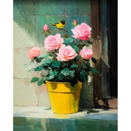 VA924 - Diamond Painting - Canvas op houten frame - Rozen en een Vogel - 30 x 40 cm