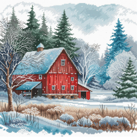 044 - Borduurpakket AVA Stitch - The Red Cabin under the Snow - Besneeuwd Rode Huis