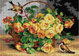 Voorbedrukt stramien GoldFinches and Basket with Roses - ORCHIDEA 50 x 70