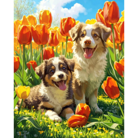 VA930 - Diamond Painting - Canvas op houten frame - Puppies in Tulpen - 30 x 40 cm